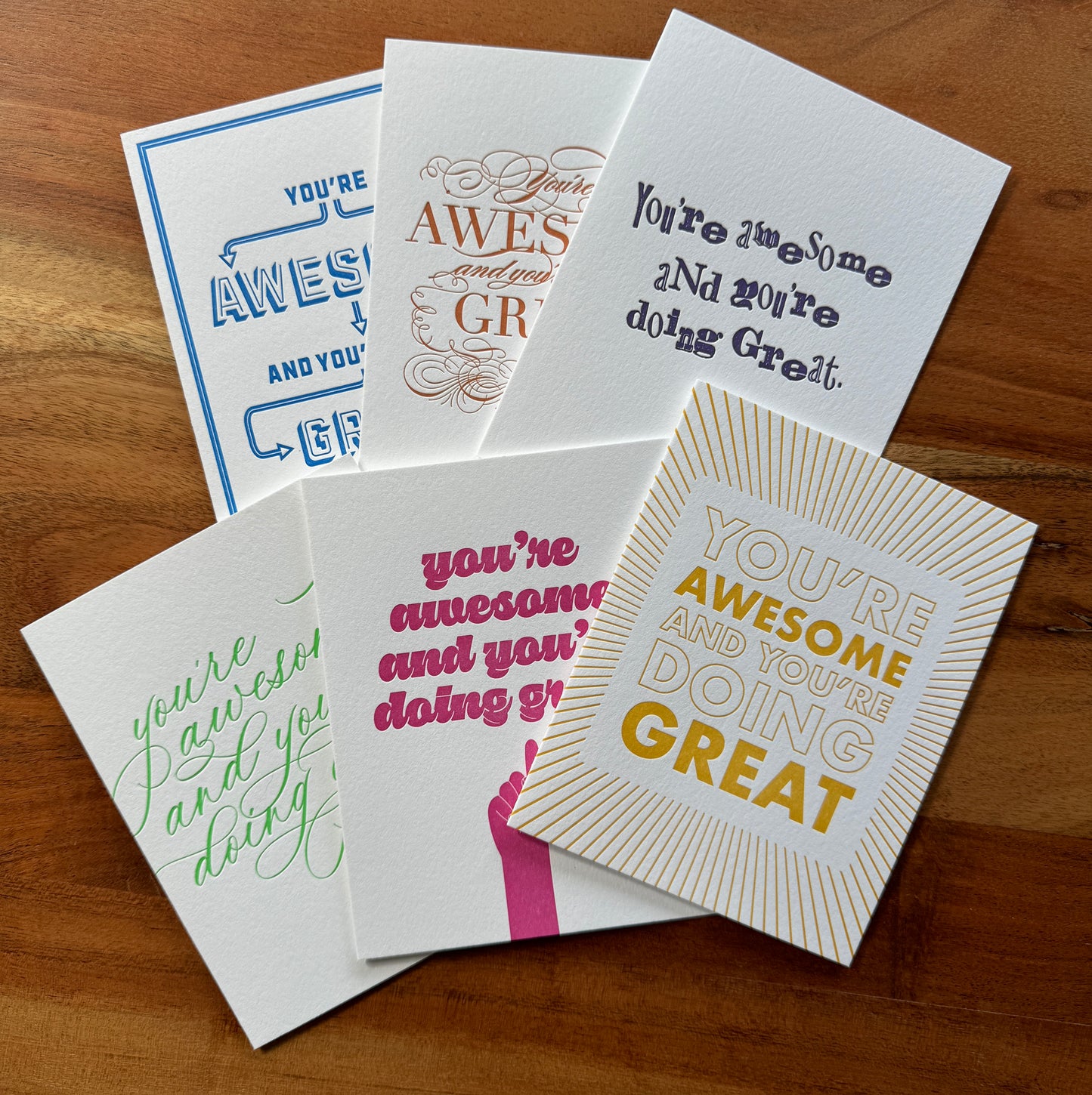Six pack of You're Awesome & You're Doing Great greetings cards